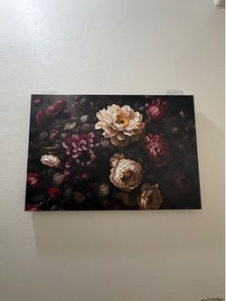 Floral Canvas Wall Art Dark Moody Flowers Cream Burgundy Flowers
