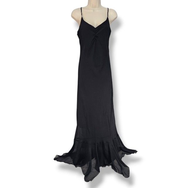 Y2K Vintage Rampage Black Maxi Slip Dress with Asymmetric Ruffle Hem Sz S/M