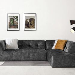 Mid-Century Velvet Tufted Low Back Sofa Set L-Shape 2-Piece Living Room Couch, 113" W Right Hand Facing Sectional, Grey