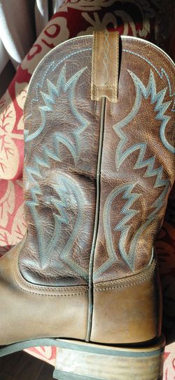 Brown Leather Cowboy Boots with Blue Stitching