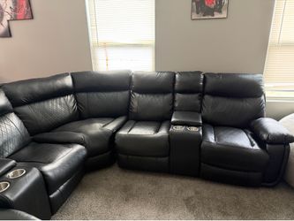 Black Leather Reclining Sofa with Console