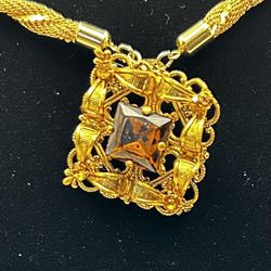 Vintage Brooch With Brown Gem Stone, 30 Inch Rope Chain Necklace 