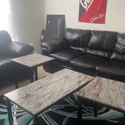 Black Leather Living Room Set W/Tables