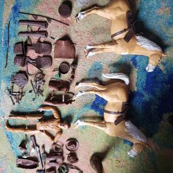 Vintage 1960's Johnny West Horses with full accessories & misc action figure accessories