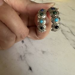 Vintage Designer - Carolyn Pollack R. - 925 Multi Natural Gemstone Hoop Earrings  -hearts With Turquoise , Black Onyx ,malachite , Lapis And Amethyst