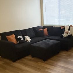 Black Corduroy Sectional Sofa + Storage Ottoman