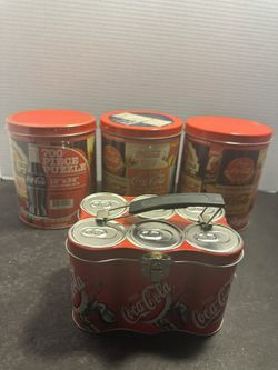 Coca Cola collectible tin lot 4 vintage style puzzle tins and bottle carrier