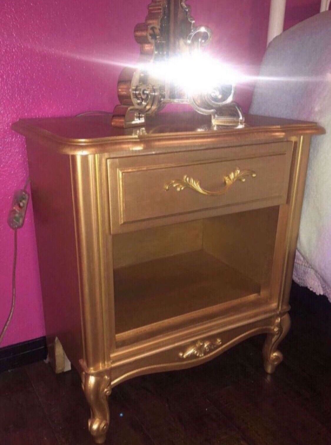 MUST GO! Was $199 ! Classy Gold Nightstand Bedside Golden Night Table Bed Commode Side Cabinet Gold Furniture Drawer Library Books