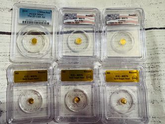 Lot Of 6- 1/500th Oz .999 Gold Coins 1- 33 Club AU 3-Eagle Heads, 1-Eye Of Ra, 1 Cowboy