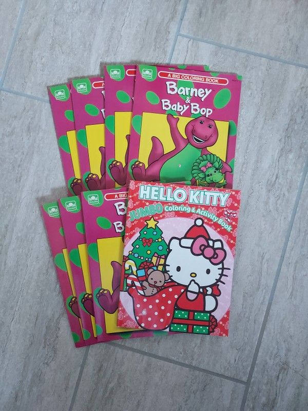 Vintage Barney & Baby Bop Big Coloring Books (7) & Hello Kitty Jumbo Activity