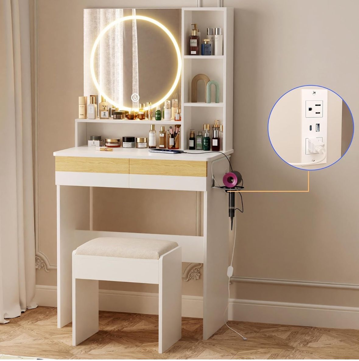 Vanity Desk with Mirror & Lights, 3 Color Adjustable Led, USB Charging Station and Chair, 2 Drawers, Makeup Vanity Desk with Lights for Women Bedroom