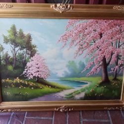 Cherry Blossom Oil Painting On Canvas In Vintage Frame 