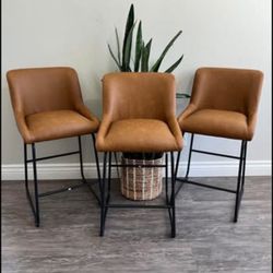 LUE BONA 26 Inch Counter Height Bar Stools Set of 3, Faux Leather Upholstered Barstools, Bar Stools