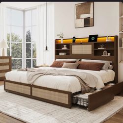 Bed Frame With 4 Drawers For Storage, A Rattan Bedside Storage Cabinet That Flips Down, An Inbuilt Charging Station And Led Lights