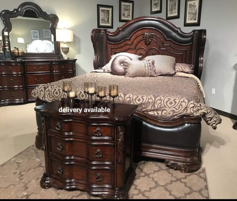 Royal Highlands Rich Cherry Upholstered Panel Bedroom Set,dresser,mirror, Bed, Nightstand/ Queen And King Size Available/ Mattress Sold Separately, 