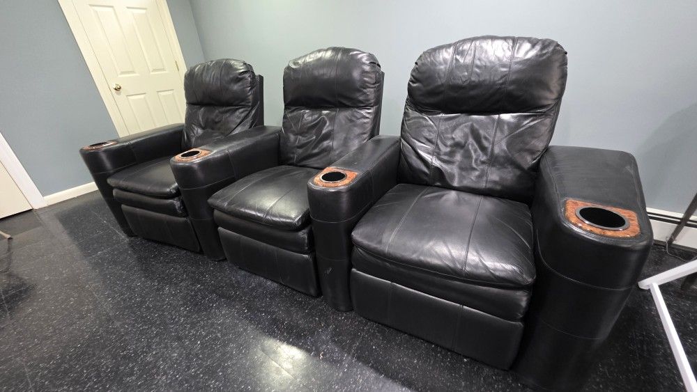 Set Of Three Black Leather Theater Recliners