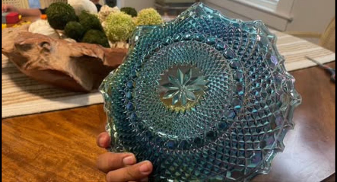 vintage Indiana Glass Blue Carnival Windsor Candy Dish with Lid and plate.