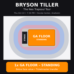 Bryson Tiller Tickets - GA Floor - Oct 22 Honda Center Anaheim