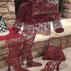 Sparkly Red Mesh Wired Jacket, Boots, Heel, And Purse!