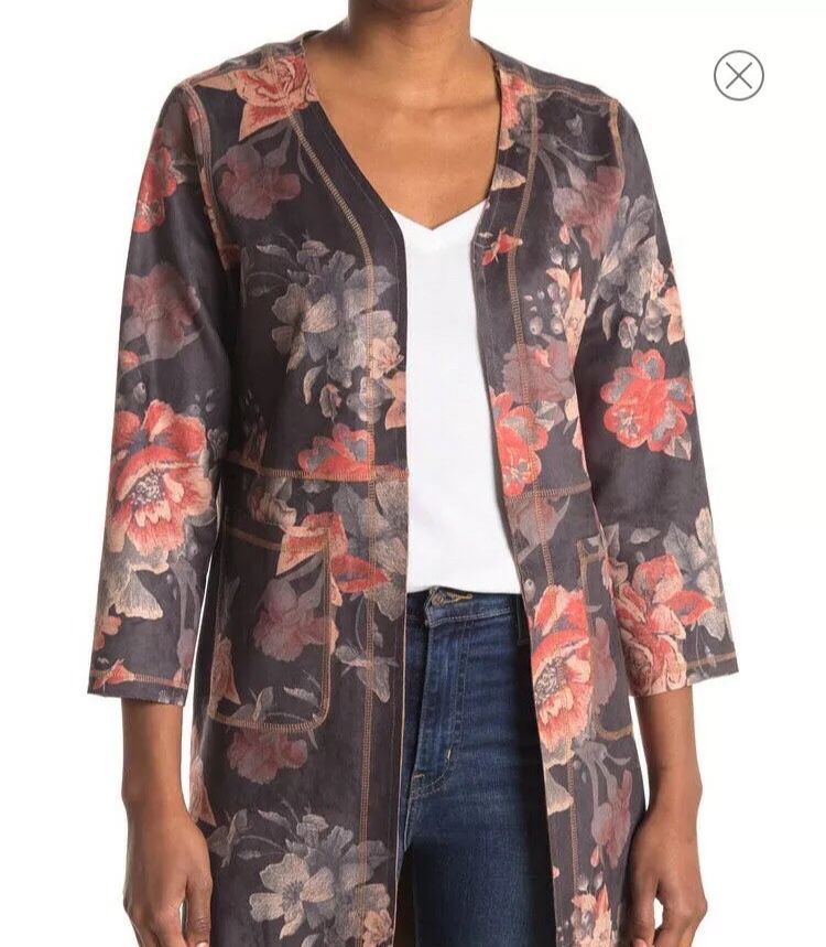 NWT Philosophy Apparel Printed Faux Suede Open Front Long Jacket. Size Large. 