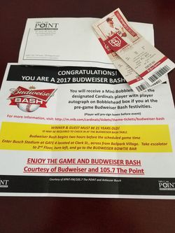 2 cardinals tickets w/ Budweiser bash VIP passes for tonights July 25th game