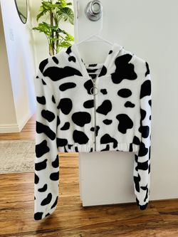 Shein Cow Pattern Zip Up Hooded Teddy Jacket Size Large