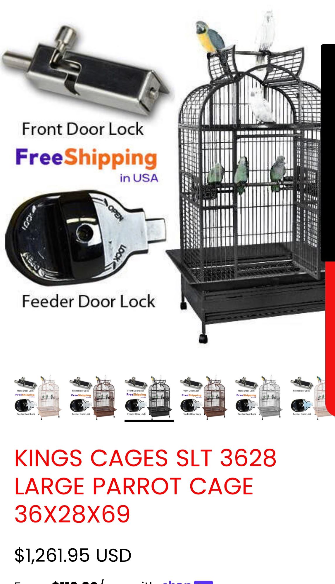 KINGS CAGES  LARGE PARROT CAGE 36X28X69