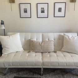 Modern White Faux Leather Futon Sofa – Excellent Condition