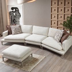 BRAND NEW! Dylan Ivory Linen 3-Piece Curved 126" Sectional with Ottoman