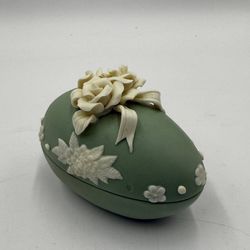 Ceramic Egg Trinket Box Candy Dish Pastel Green w/ Almond Roses and Ribbon VTG