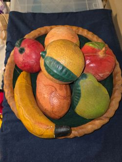 Decorative Leather and Ceramic Fruit Bowl with Faux Fruit, Mexican. 0905133