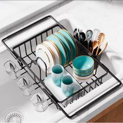Dish Drying Rack in Sink - Expandable Stainless Steel Dish Rack Over the Sink, Kitchen Sink Drain Strainer with Cutlery Holder & Cup Holders, 15.4 x 9