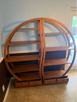 72” solid teak double circle arch Etagere bookcase display shelf