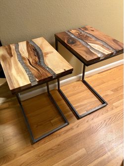 Unique Wood Epoxy Resin River C- end Tables Pair.  Read description 1st