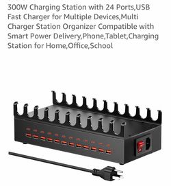 300W Charging Station with 24 Ports,USB Fast Charger for Multiple Devices,Multi Charger Station Organizer Compatible with Smart Power Delivery,Phone,T