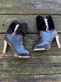Black Faux Fur Ankle Boots with Rhinestone Heels