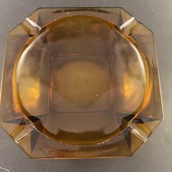 Vintage Amber Glass Ashtray Atomic Etched Octagon - Mid Century Modern