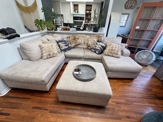 Tan Couch with Chaise Lounge + Storage Ottoman/Reverse Table