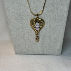 Vintage Heart Pendant With Porcelain Roses and Faux Seed Pearls on a Avon Chain