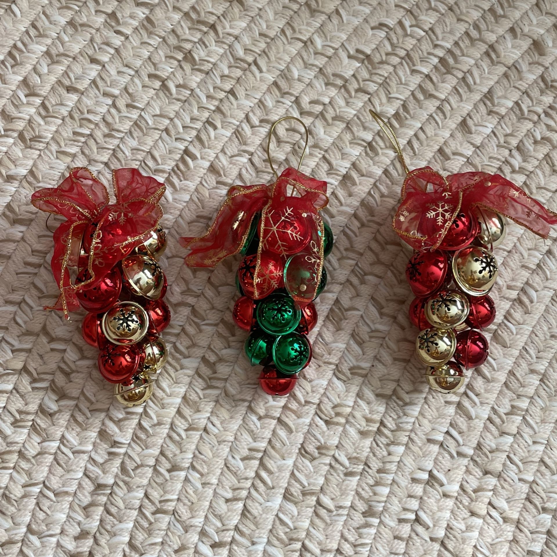 Three jingle Bells Shiny Gold, Red And Green With Beautiful Bows