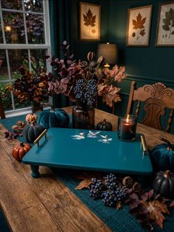 Deep Teal Tray Flying Cranes Clouds Platter Coffee Table Ottoman Accent Piece