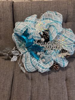 Teal and Silver Holiday Deco Mesh Wreath