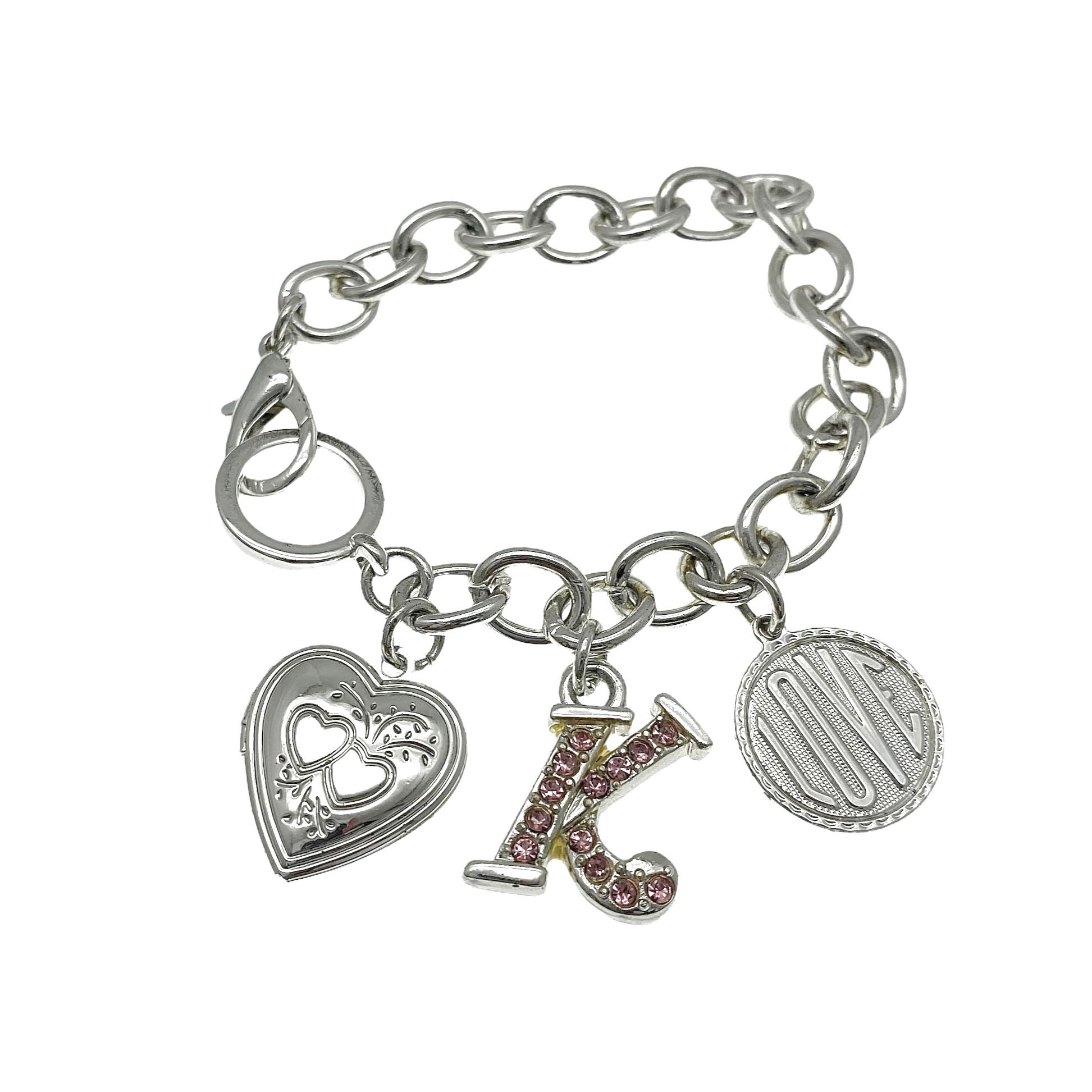 Heart Locket Initial K Charm Bracelet, Silver Plated Metal, Pink Glass Rhinestones, Rolo Belcher Chain, Personalized Jewelry, Retro Vintage Jewelry Gi