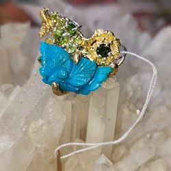  Carved 100% Natural Turquoise Peridot And Chrome Diopside Honey BEE RING Sterling Silver With 14k Gold Accents SIZE8