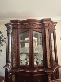 Large Dark Wood China Cabinet with Glass Doors