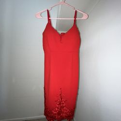 Red Body Fit Dress With Lace Print 