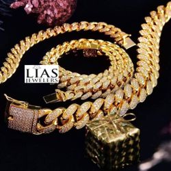 New 18k Yellow Gold Cuban Link Chain And Bracelet
