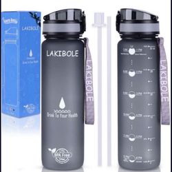LAKIBOLE 32 oz Water Bottle with Straws with Time Marker