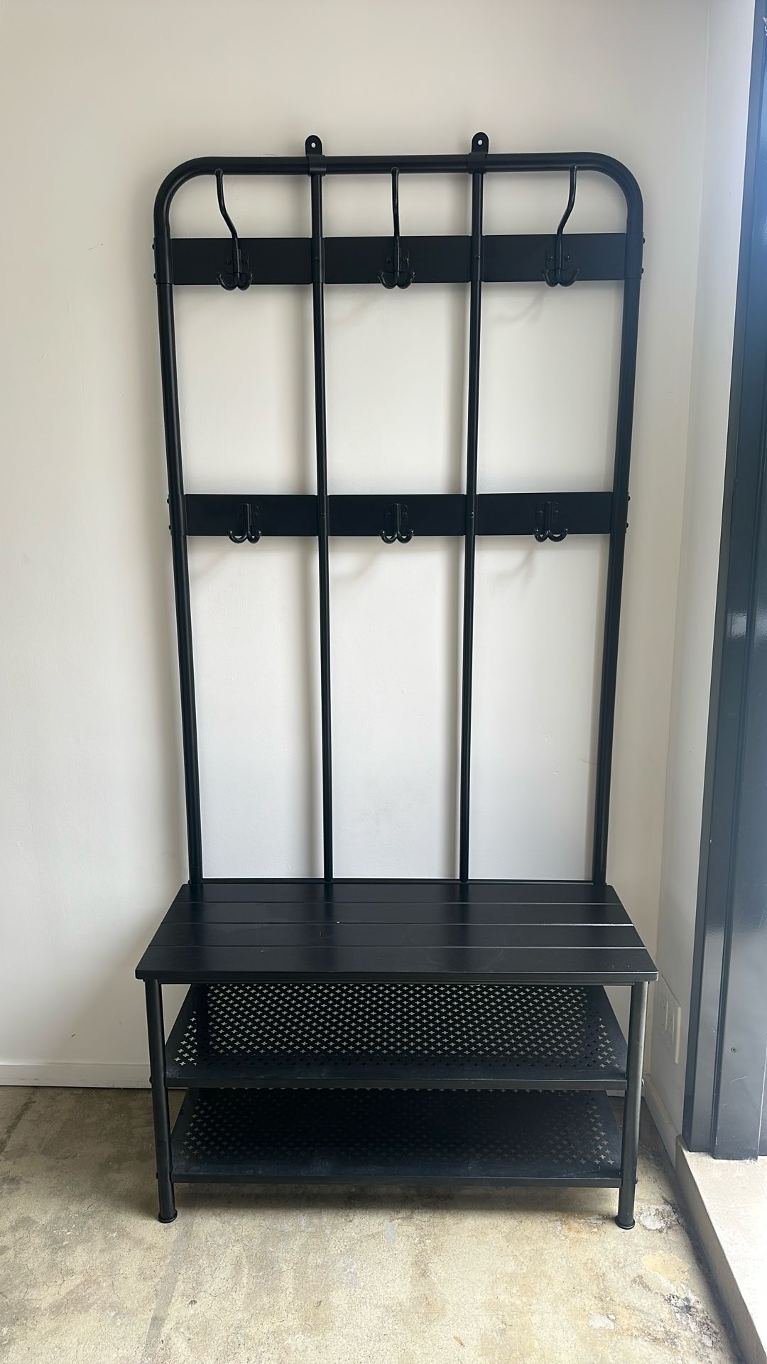 PINNIG Coat rack with shoe storage bench, black
