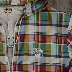 STUSSY Windbreaker Hoodie Jacket Plaid Full Zip Women Large 